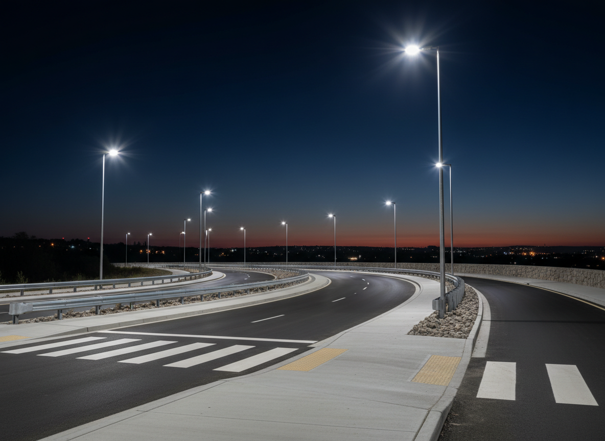A photographic realism night-time view of a newly completed roadside paving and exterior work area illuminated by evenly spaced LED streetlights, their cool white light reflecting gently off smooth asphalt and clean concrete sidewalks. Freshly painted crosswalk lines and curb markings stand out sharply against the dark surface. A low, stone-clad retaining wall and robust metal guardrail follow the curve of the road, demonstrating careful alignment. The sky is a deep navy, with subtle city glow on the horizon. Captured from a slightly elevated angle with long exposure, the scene feels safe, orderly, and modern, ideal for conveying reliability and quality in urban infrastructure projects even after dark.