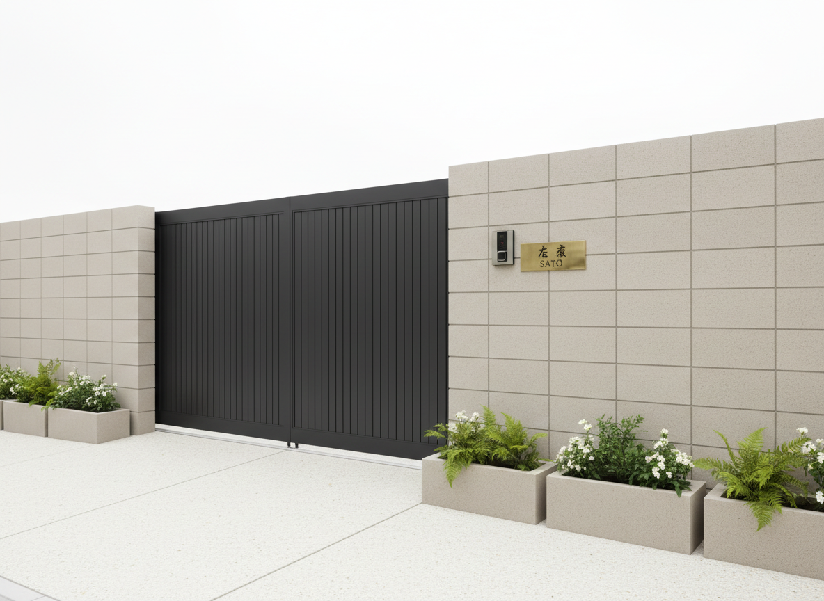 A clean, photographic realism depiction of an exterior boundary wall and gate system for a detached house in Koto City, featuring a carefully finished light-beige concrete block wall with smooth mortar joints, a dark charcoal metal sliding gate, and a neatly integrated intercom and nameplate recess. The driveway surface is finished with pale exposed-aggregate concrete, contrasting with the darker gate. Subtle plantings in rectangular planters soften the structure. Captured on a bright but slightly overcast day, the lighting is even and professional, reducing harsh shadows and highlighting surface quality. Framed at an eye-level angle with balanced composition, the image communicates refined exterior construction and secure, well-planned entry design.