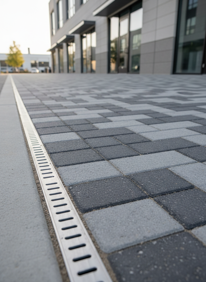 A detailed photographic realism close-up of newly installed interlocking concrete pavers forming a pedestrian walkway in front of a low-rise commercial building, showing a subtle two-tone gray pattern laid in a precise herringbone arrangement. The joints are evenly filled with fine sand, and the edges are held by a straight concrete border curb. A narrow, stainless steel linear drainage channel runs parallel to the walkway, perfectly flush with the surface. Captured under soft late-afternoon light, the textures of the pavers are clearly visible without harsh contrast. Shot at a low, oblique angle to emphasize depth and alignment, the mood is clean, orderly, and dependable, highlighting exterior paving craftsmanship.