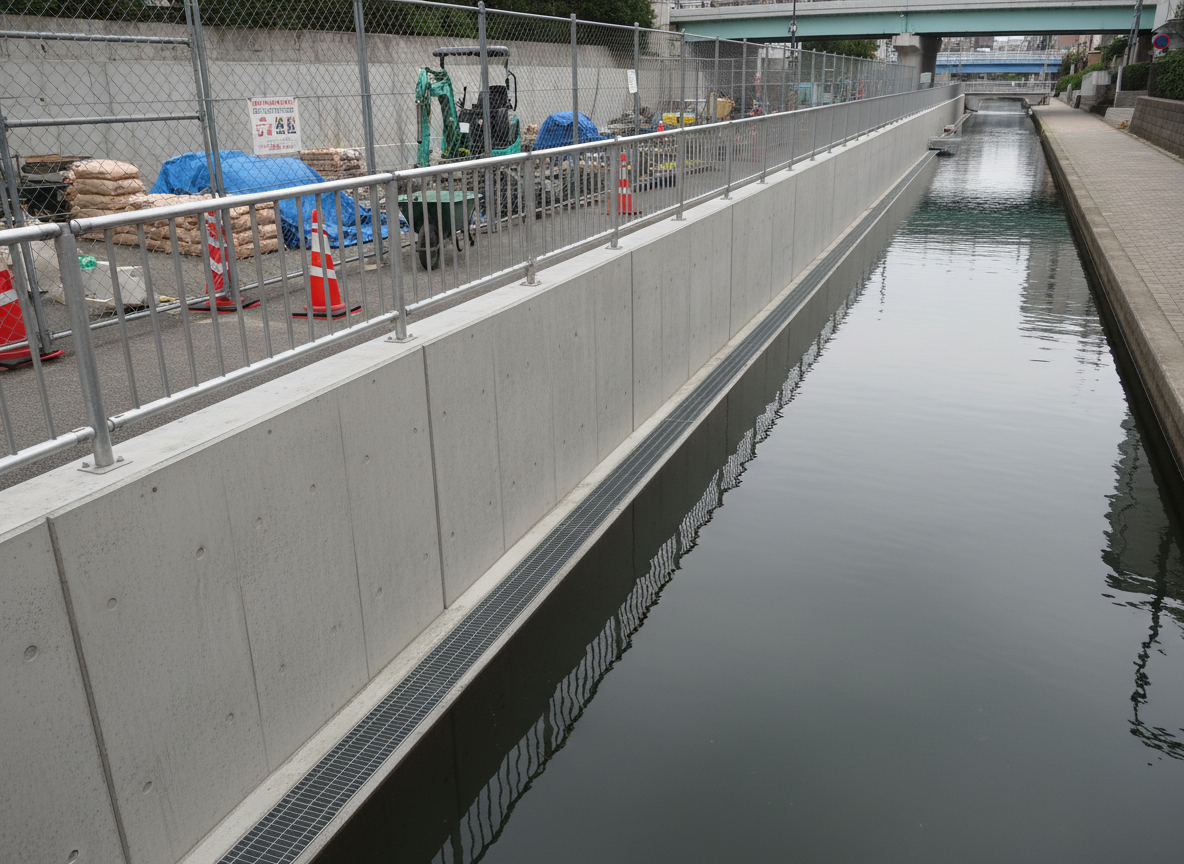 A detailed photographic realism scene of a small urban civil engineering project site along a canal in Koto Ward, showing newly constructed concrete retaining walls with tidy expansion joints, galvanized steel guardrails, and neatly installed drainage channels guiding rainwater toward the waterway. The canal’s calm surface subtly reflects the bright, overcast sky and the geometric lines of the infrastructure. Fallen leaves are swept away, and equipment is neatly stored behind temporary fencing, emphasizing orderliness and safety. Captured from an eye-level perspective with a strong sense of depth, the composition feels stable and methodical, conveying a trustworthy, municipal-ready construction capability with a quiet, organized atmosphere.