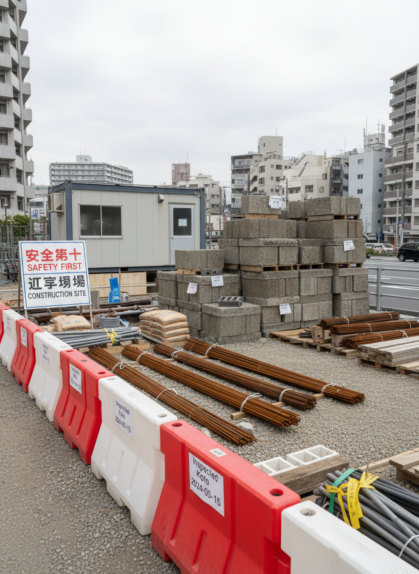 A focused photographic realism image of a compact urban construction staging area in Koto Ward, featuring neatly stacked concrete blocks, bundled steel rebar, and orderly rows of traffic barriers lined up on a clean, level gravel surface. Freshly inspected construction materials are labeled and organized beside a temporary site office container and a clearly visible safety signboard. Soft, diffused daylight from an overcast sky creates minimal shadows, emphasizing clarity and detail. Shot from a medium height with a wide field of view, the composition communicates preparation, safety, and professionalism in construction operations, highlighting the behind-the-scenes organization required for civil engineering and exterior works.