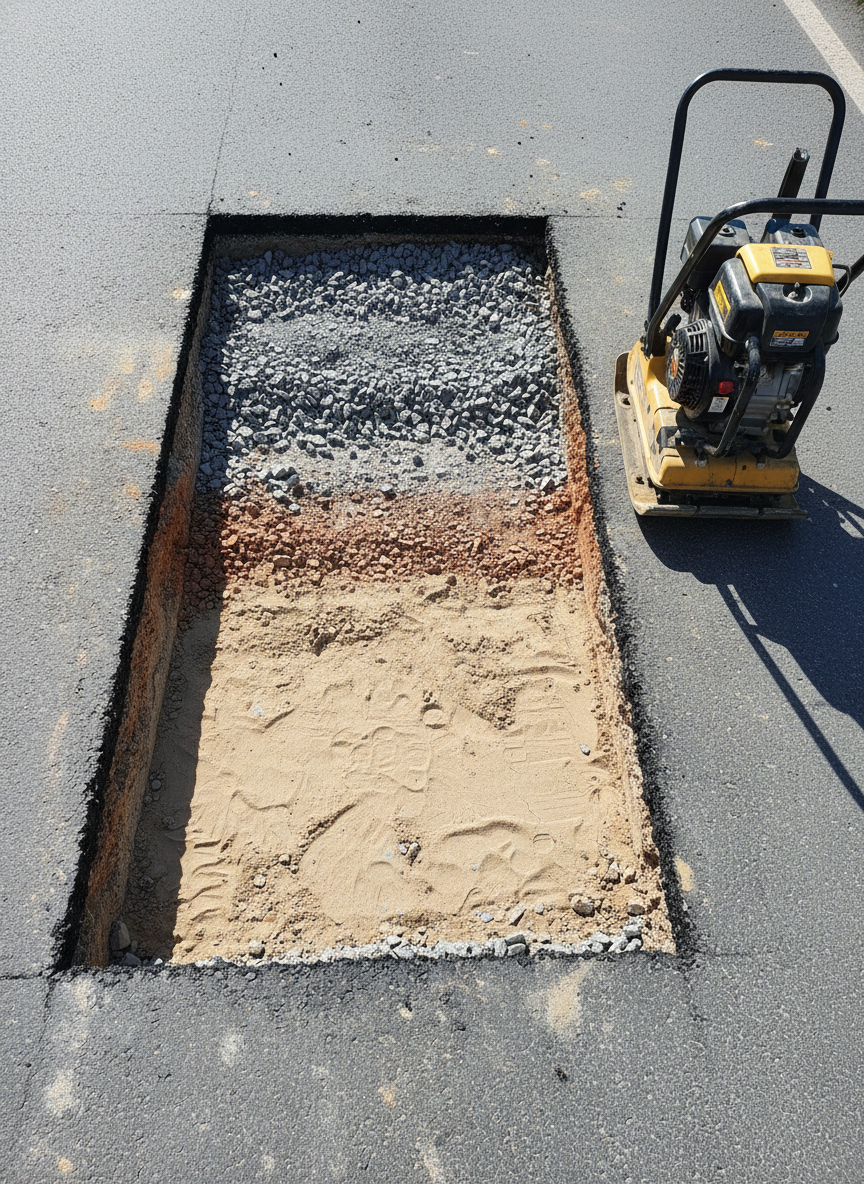 A specialized photographic realism image of a road repair project cross-section, showing a cut-out segment of existing asphalt neatly removed to reveal aggregate base layers beneath, with freshly compacted subgrade ready for new pavement. The edges of the old asphalt are sharply trimmed, and a vibratory plate compactor rests beside the prepared area on spotless, swept pavement. Bright midday sunlight creates clear, technical shadows that define each layer and tool. Captured from a high, almost top-down angle, the composition reads like an instructional diagram brought to life, emphasizing technical expertise, precision, and methodical work processes in road maintenance and rehabilitation construction.