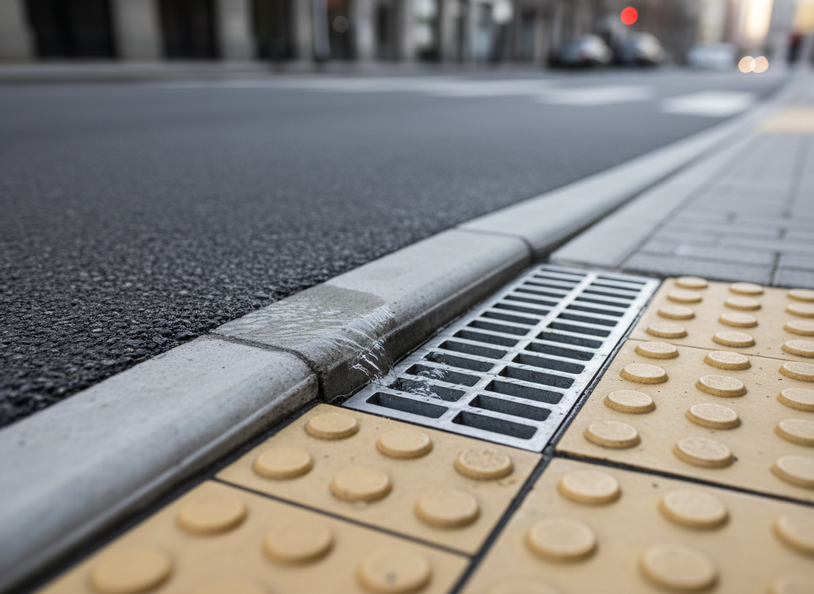 A precise photographic realism close-up of a concrete curb and gutter detail at a street corner, highlighting the smooth transition between asphalt road, light gray curb, and textured pedestrian crossing tiles with tactile paving for accessibility. Rainwater flows in a thin, clear stream toward a robust, rust-free metal storm drain grate set into the curb. Diffused late-morning daylight reveals subtle surface textures and perfect alignment of each element. Shot from a low, macro-like angle with shallow depth of field, the foreground detail is in crisp focus while the background street environment is softly blurred. The mood is technical, meticulous, and highly professional, ideal for emphasizing quality in civil and drainage works.